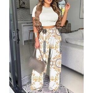 Crop Top & Palazzo‎ Pants Set, High Waist Wide Leg, Party Outfit, Size XXL